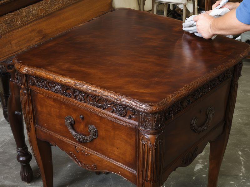 Professional antique refinishing work showing traditional hand-rubbed techniques on historical furniture
