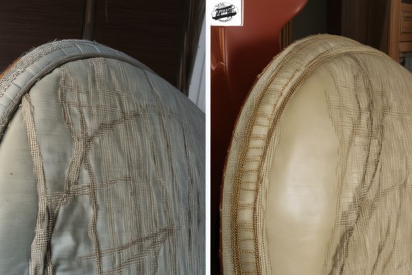 Upholstery repair work showing detailed stitching and fabric restoration