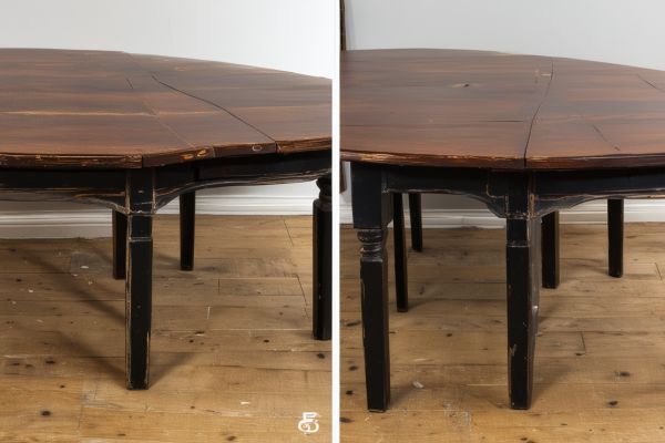 Before and after restoration of vintage wooden dining table showing dramatic transformation