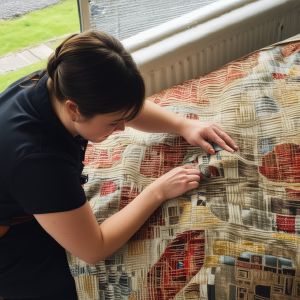 Sarah Thompson - Upholstery specialist working on vintage fabric restoration