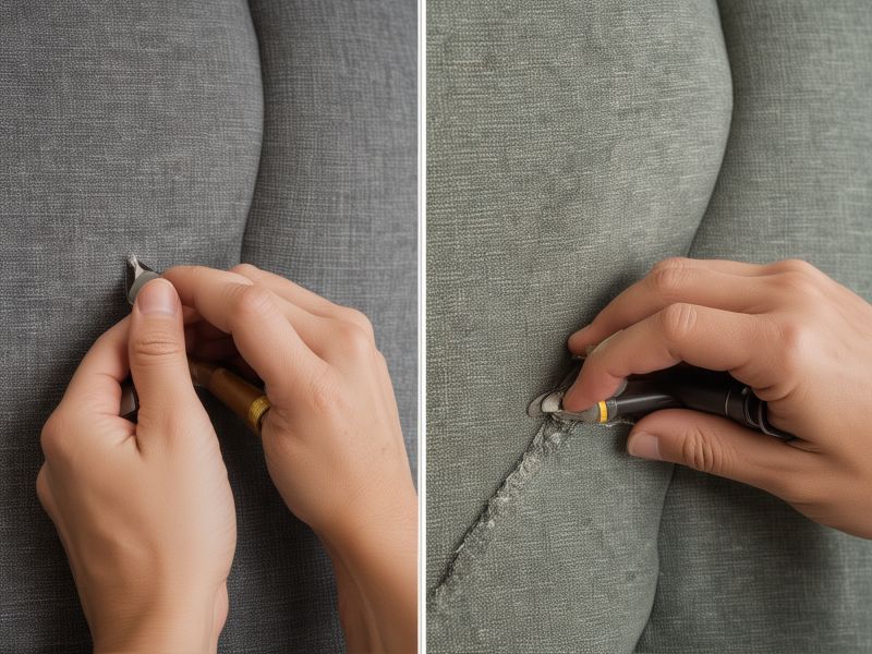 Professional upholstery repair work showing detailed fabric restoration process